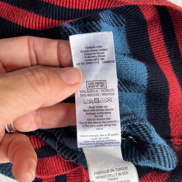 TOPMAN Sz M Blue Check Tipping Sweater Knit Shirt Stretch Short Sleeve Pullover - Picture 6 of 7